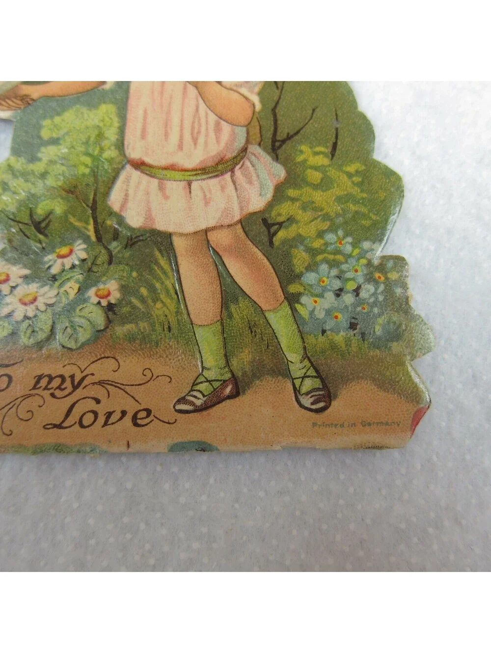 Vintage Valentine Die Cut Stand Up Girl Pink Dress & White Dove 1920-30s Germany